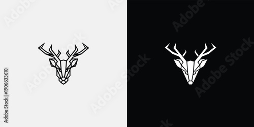 Geometric Deer Head Illustration with Antlers in Black and White.