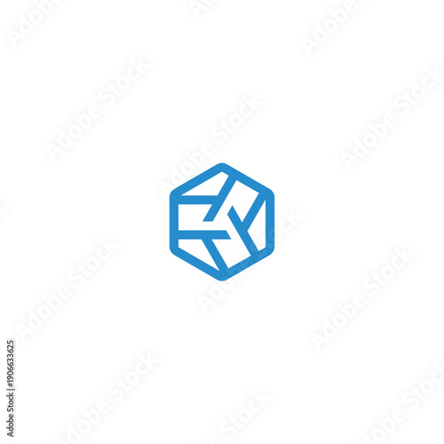 Fotografie Geometric Hexagon Logo Design with Interlocking Lines in Blue.