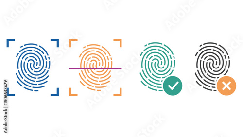 Fingerprint icon set with different status and verification symbols