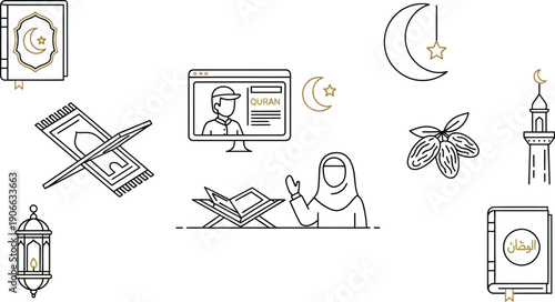 Ramadan Icon Set - Quran, Prayer Mat, Dates, Lantern, and Mosque