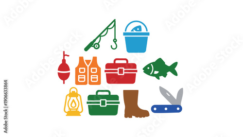 Fishing icon vector illustration with various colorful fishing equipment and tools