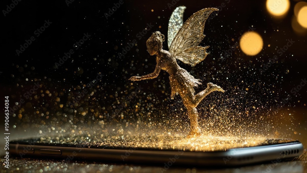 Fototapeta premium Golden glitter fairy rising from a smartphone, surrounded by sparkling dust particles. Concept Fantasy tech magic, Golden glitter, Fairy digital dream, Smartphone inspiration