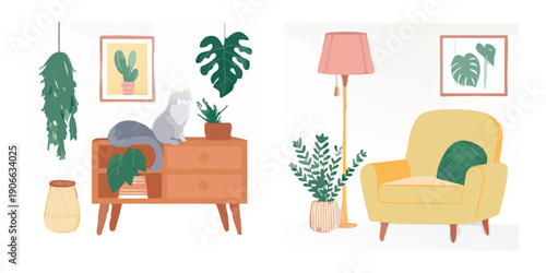 Stylized illustration of a cozy room interior with plants and a cat