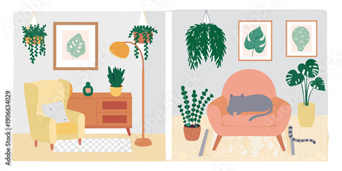 Cozy living room interior with plants furniture and a sleeping cat