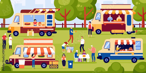 A vibrant food truck rally scene with people enjoying outdoor dining