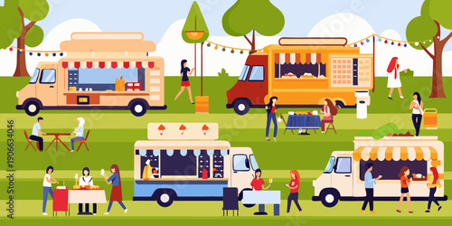 A vibrant food truck rally scene with people enjoying outdoor dining