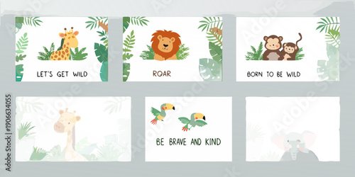 Baby animal themed illustrations with jungle foliage and motivational phrases