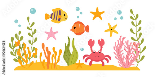 Colorful cartoon illustration of fish crab and marine plants underwater