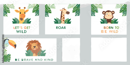 Baby shower decorations featuring jungle animals and playful text designs