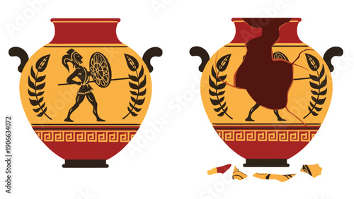Vase vector illustration of ancient Greek pottery with warrior and rooster designs