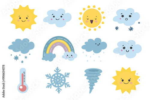 Cute weather icons featuring suns clouds rainbows and winter elements