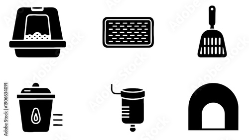 Laptop vector icons set including toilet, scoop, and coffee cup