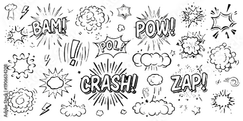 Collection of sketched explosion and star shapes on a black background