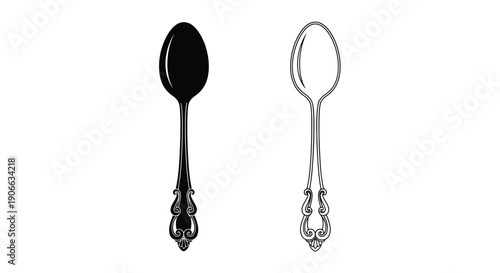 A black spoon and a silver spoon displayed side by side on a white background
