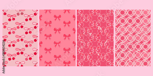 Four pink patterns featuring cherries bows and circles in a grid