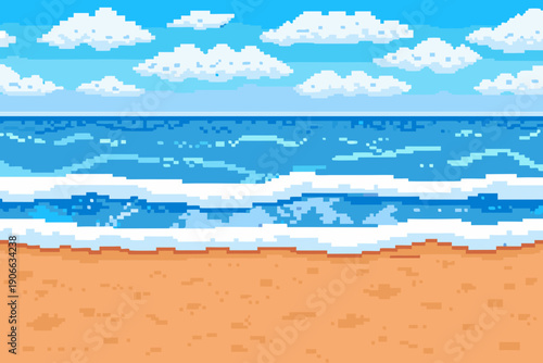 Pixelated seascape with blue waves sandy beach and fluffy white clouds