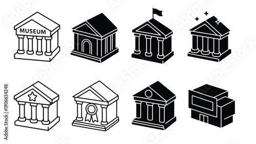 Museum vector icons set including various building silhouettes and illustrations