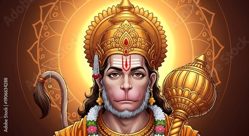 Divine Lord Hanuman Portrait with Golden Gada, Spiritual Hindu God Illustration, Symbol of Strength, Courage and Devotion, Indian Religious Art Background