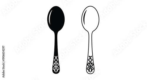 Two spoons depicted in contrasting black and white line art styles