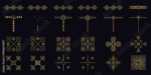Geometric golden art deco patterns and ornaments on a dark background