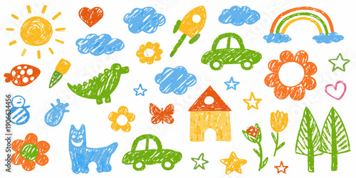 Colorful crayon drawings of a sun rainbow and various playful objects