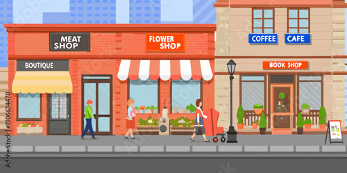 A colorful street scene featuring various storefronts and pedestrians