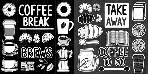 A collection of hand drawn coffee pastry and breakfast related illustrations