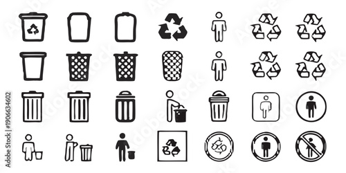 Collection of grayscale recycling waste and accessibility icons