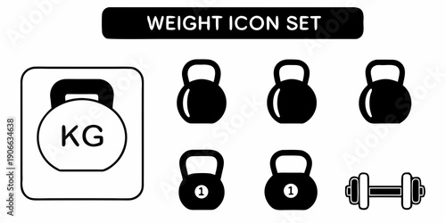 Weight icon set displaying kettlebells and dumbbells in black and white