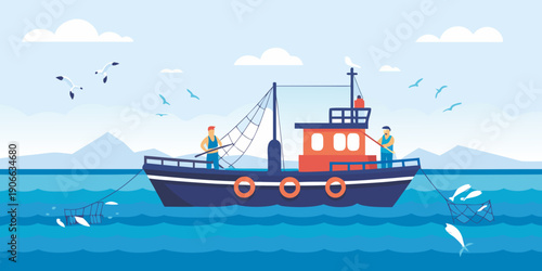 A colorful illustration depicts a fishing boat with two crew members at sea