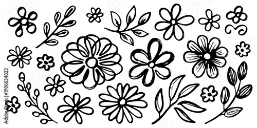 Abstract floral sketch in black and white depicting delicate plant forms