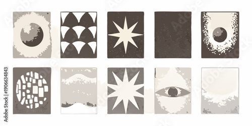 Abstract geometric designs in muted tones arranged in a grid pattern