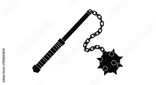 Black and white illustration of a medieval flail weapon with a spiked ball