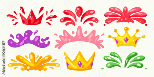 Colorful cartoon crowns and tiaras arranged in a playful assortment