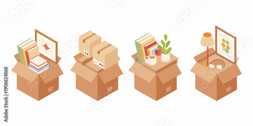Isometric illustration of stacked boxes with various household items