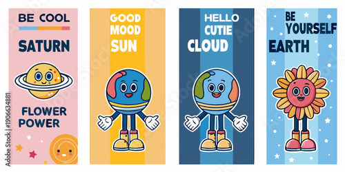 Four colorful cartoon banners featuring planets clouds and floral elements