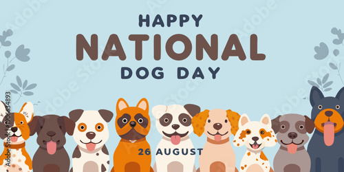 Happy national dog day illustration with various adorable canine companions