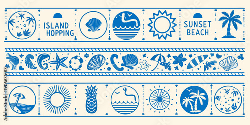 Blue and white tropical island themed border with sun palm trees and shells