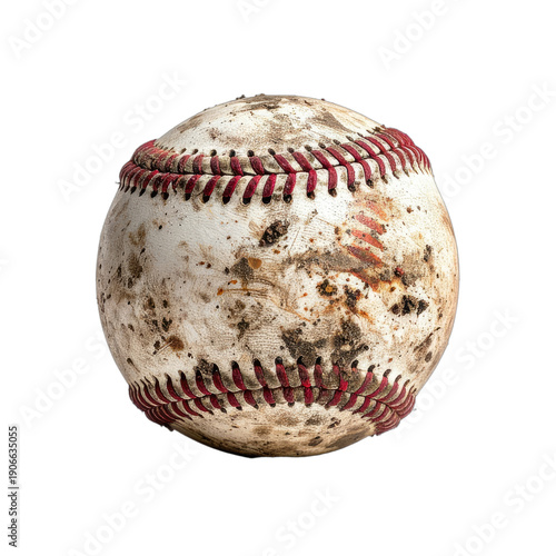 Close-up of a well-worn baseball, showing dirt, red stitching, and signs of use