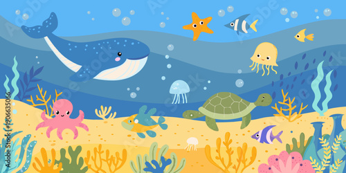 Colorful cartoon illustration of underwater life with various sea creatures