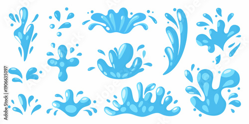 Collection of cartoon style water splashes and droplets in shades of blue