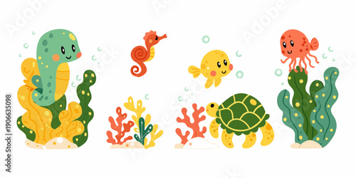 Cute cartoon sea creatures swim amongst colorful coral and aquatic plants