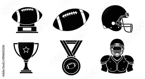 American Football Symbols and Icons Set Featuring Trophies and Player Illustrations