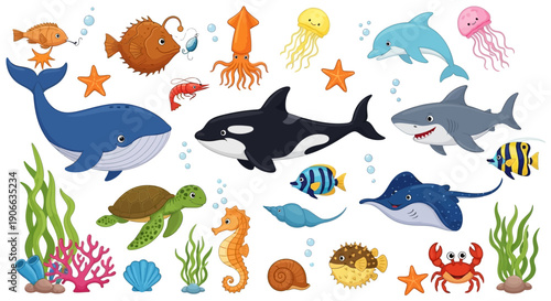 Vibrant marine life illustrations showcasing various ocean creatures and underwater elements in a visually appealing arrangement