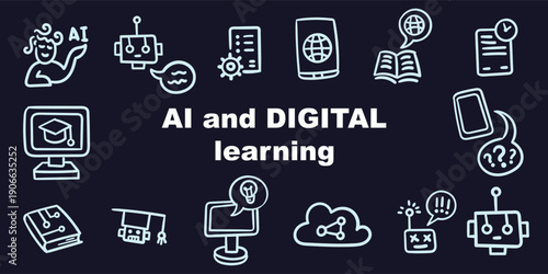 Hand-drawn illustration collection themed around AI and digital learning featuring robots, electronics, cloud storage, gadgets, and books. Suitable for education, tech design, posters, and digital med