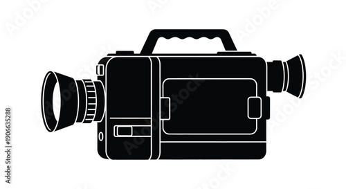 Black and white outline of a vintage camcorder with lens and handle