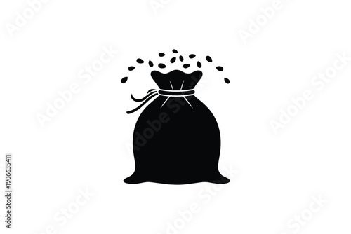 Black silhouette of bag of seeds isolated on white background. icon of sack with grain or harvest