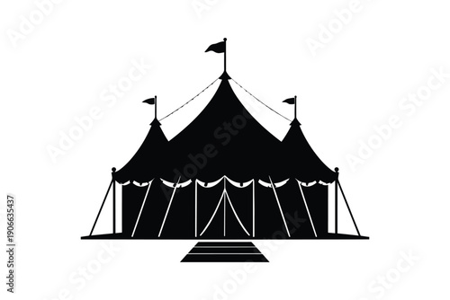Black silhouette of circus tent with flags isolated on white background. large pavilion with decorative elements