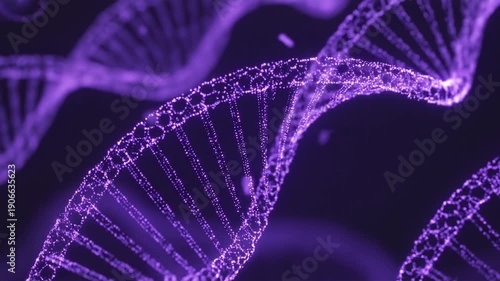 Close-up view of glowing purple DNA double helix strands against a dark background, representing genetic code and molecular biology.