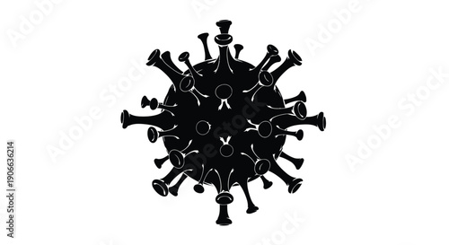 A black silhouette of a coronavirus with prominent spike proteins